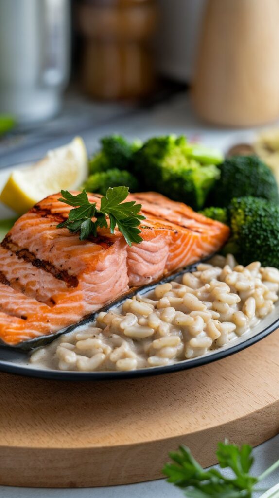 Grilled Salmon with Farro and Steamed Broccoli