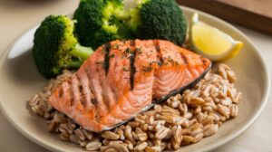 Healthy Grilled Salmon with Farro and Steamed Broccoli