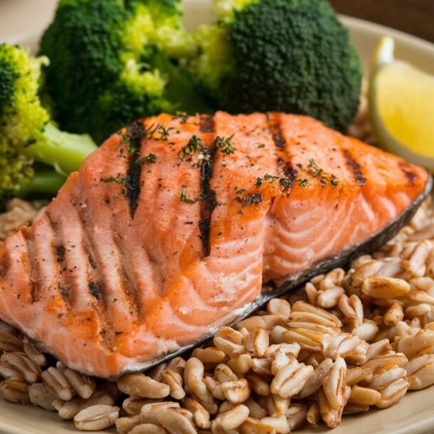 Healthy Grilled Salmon with Farro and Steamed Broccoli