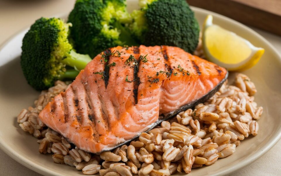 Healthy Grilled Salmon with Farro and Steamed Broccoli