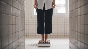 Woman on a scale in her bathroom trying to get over a weight loss plateau.