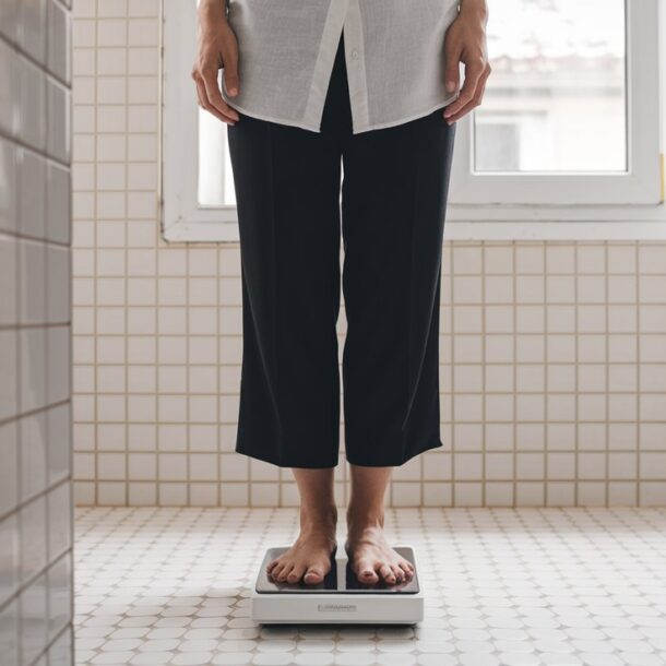 Woman on a scale in her bathroom trying to get over a weight loss plateau.