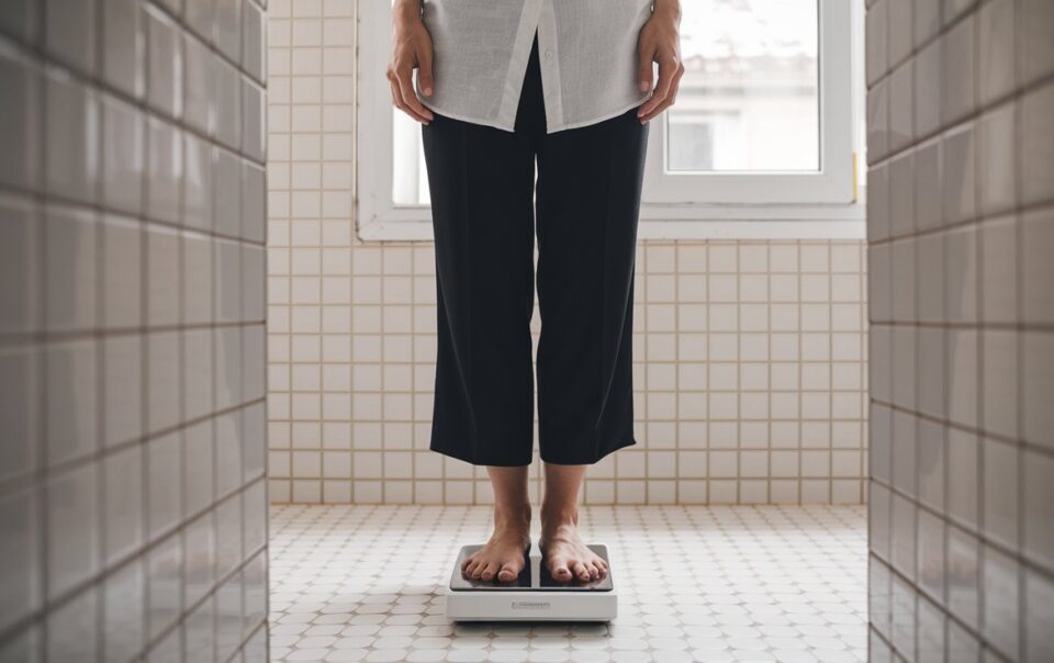 Woman on a scale in her bathroom trying to get over a weight loss plateau.