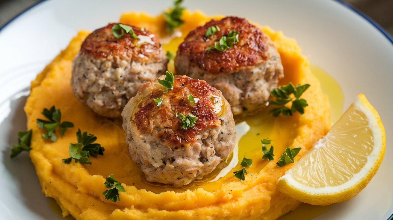 A plate of Lemon Herb Turkey Meatballs with Mashed Sweet Potato – Light and High-Protein Meal
