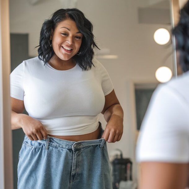 A woman who is slightly overweight is trying on a loose fitting pair of jeans and looking in the mirror smiling because the jeans are so loose.