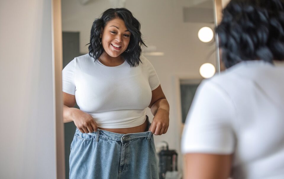 A woman who is slightly overweight is trying on a loose fitting pair of jeans and looking in the mirror smiling because the jeans are so loose.