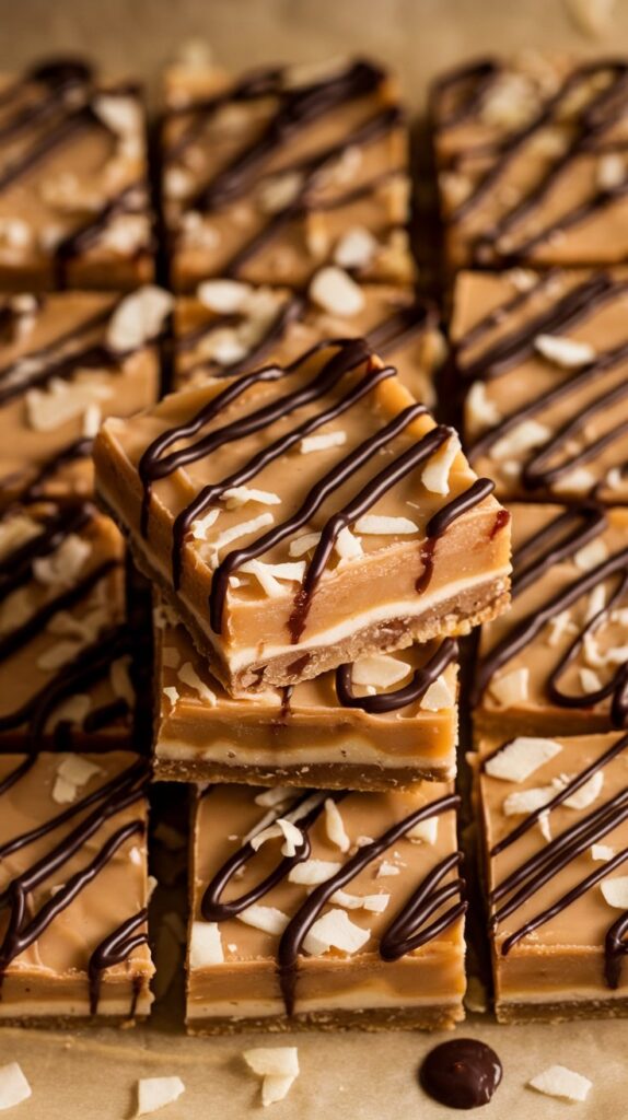 Plate of no-bake Samoa bars with chocolate and coconut topping