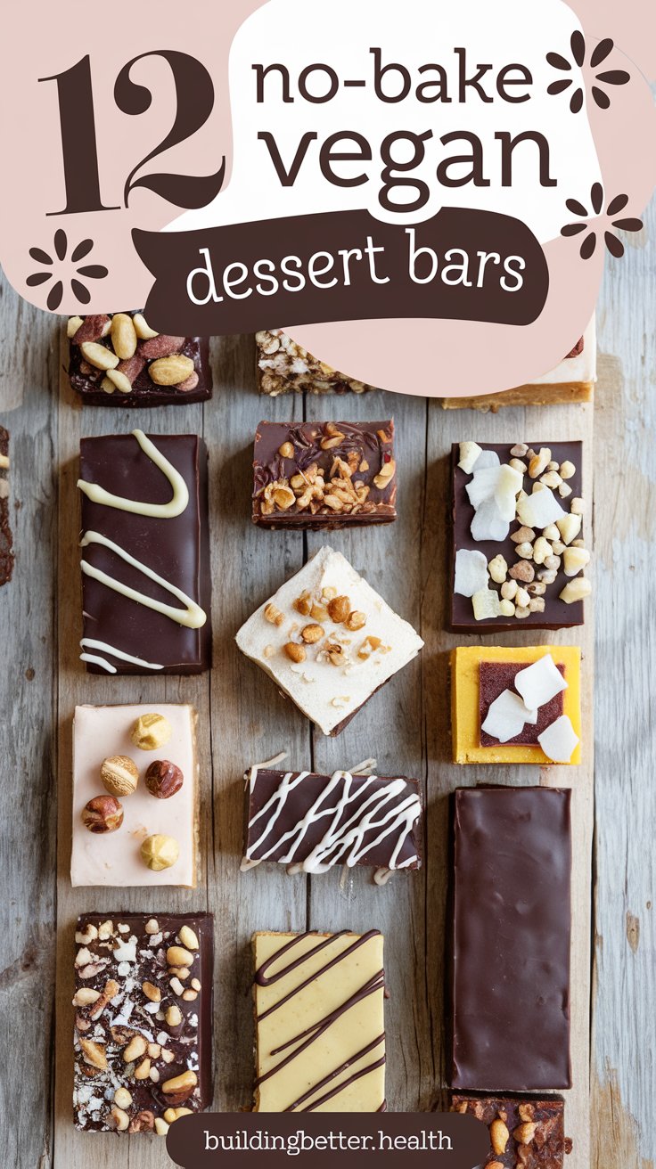 A display of 12 Easy No-Bake Vegan Dessert Bars and Snacks