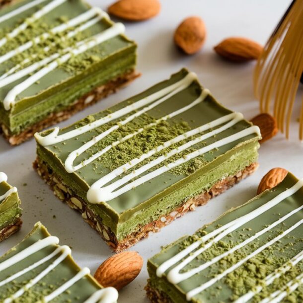 No-Bake Vegan Matcha Almond Protein Bars on a tray