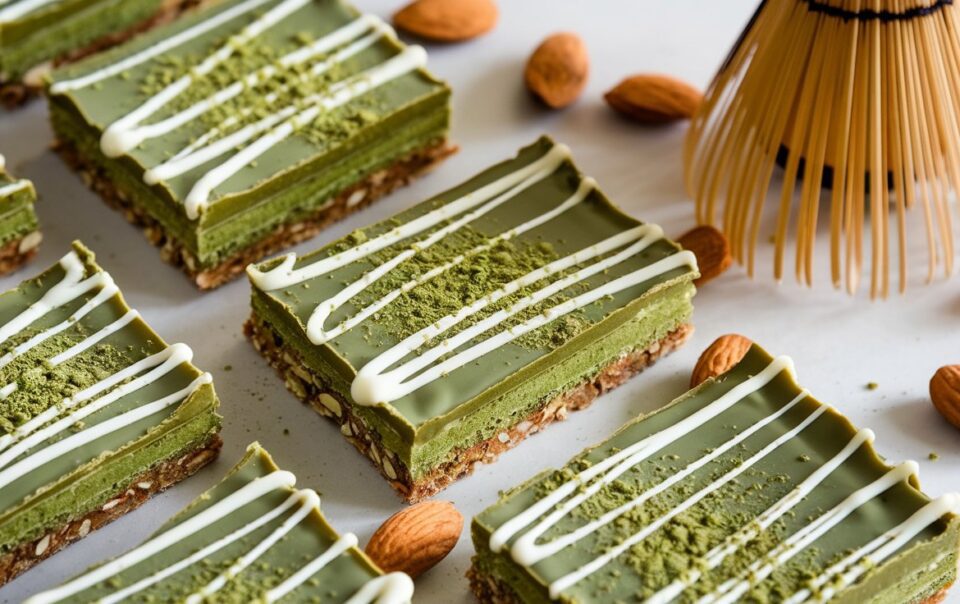 No-Bake Vegan Matcha Almond Protein Bars on a tray