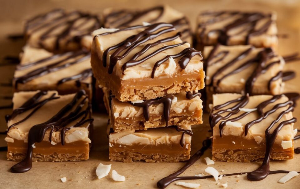 A tray of no bake Samoa Bars, an easy vegan dessert recipe