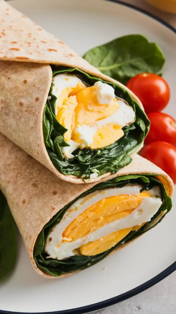 CLose up of a Egg White & Spinach Cottage Cheese Wrap