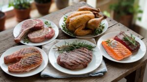 A kitchen table displaying various sources of meat as the owner learns how to get started on the Carnivore Diet.