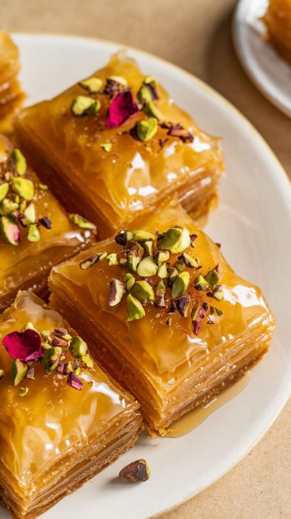  Golden squares of baklava glistening with syrup, garnished with crushed pistachios and rose petals.