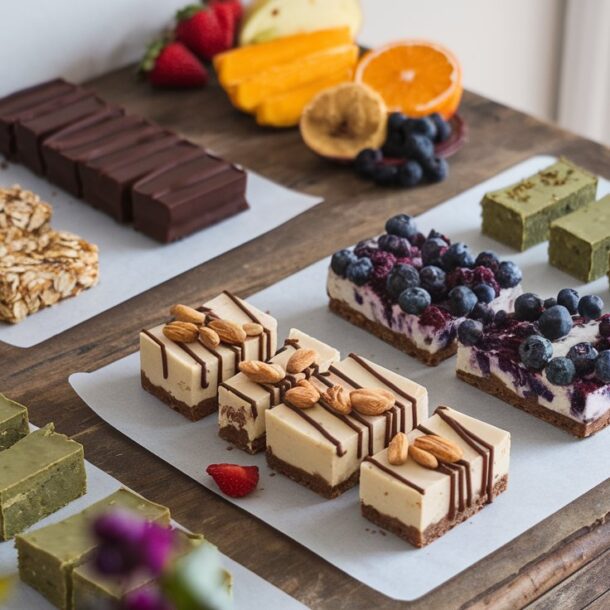 A collection of vegan dessert bars and snacks. Easy to make and no-bake recipes.