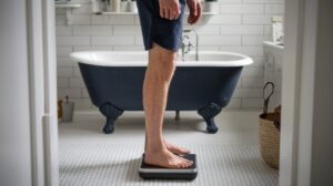 Man standing on a scale wondering What to Do If You Stop Losing Weight on Semaglutide