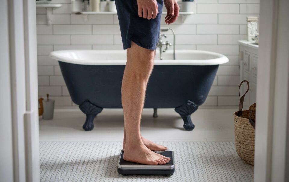 Man standing on a scale wondering What to Do If You Stop Losing Weight on Semaglutide