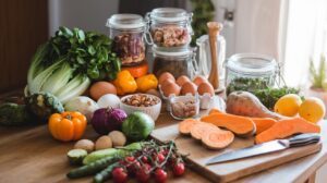 A kitchen counter with healthy foods laid out in preparation for going on the Whole30 Diet