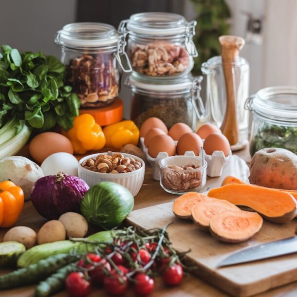 A kitchen counter with healthy foods laid out in preparation for going on the Whole30 Diet