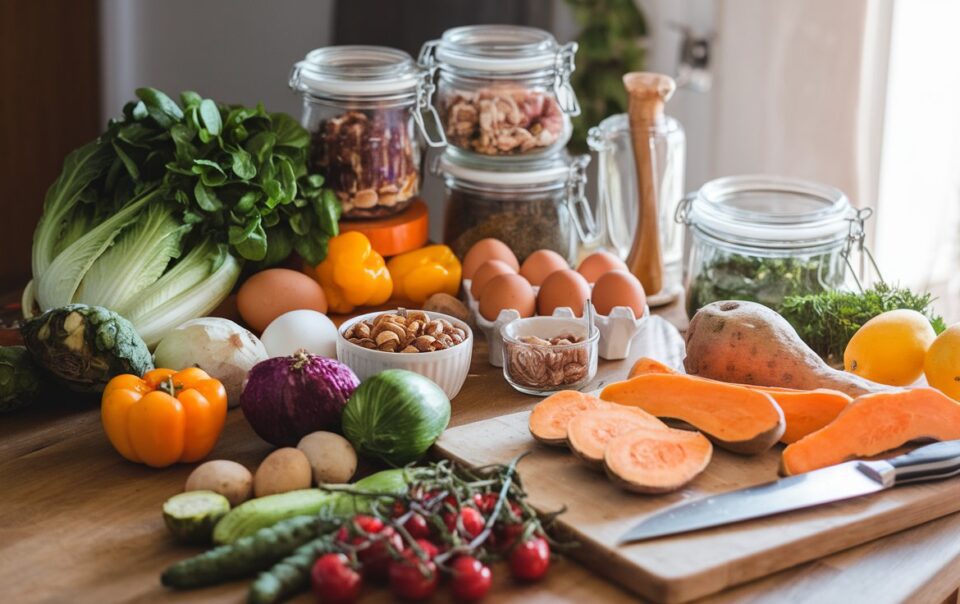 A kitchen counter with healthy foods laid out in preparation for going on the Whole30 Diet