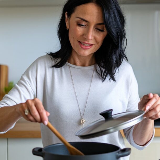 Woman in her kitchen making a quick healthy dinner on a busy weeknight.