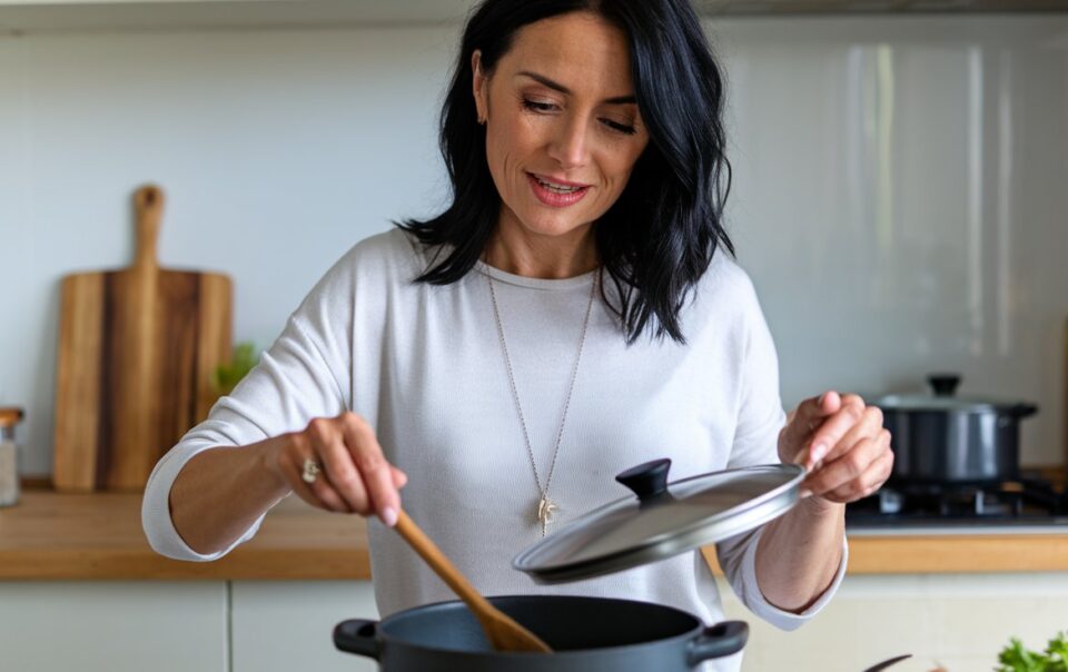 Woman in her kitchen making a quick healthy dinner on a busy weeknight.