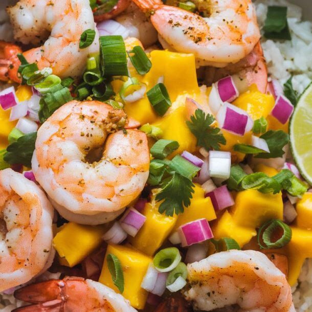 A bowl of Zesty Shrimp and Mango Salsa Rice Bowls