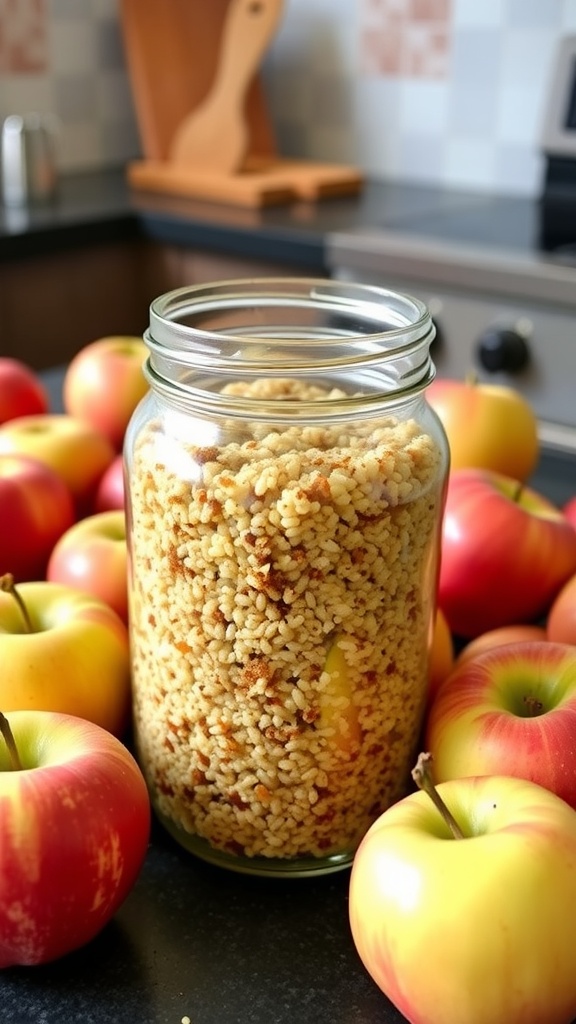 A jar of apple cinnamon overnight quinoa surrounded by fresh apples and cinnamon sticks.