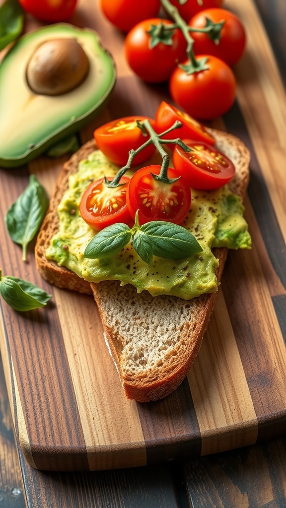 Avocado toast topped with cherry tomatoes and basil on whole-grain bread.