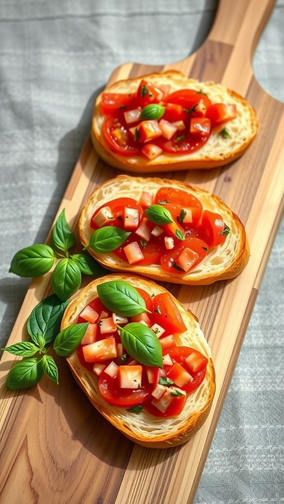 Bruschetta topped with diced tomatoes and fresh basil on toasted bread