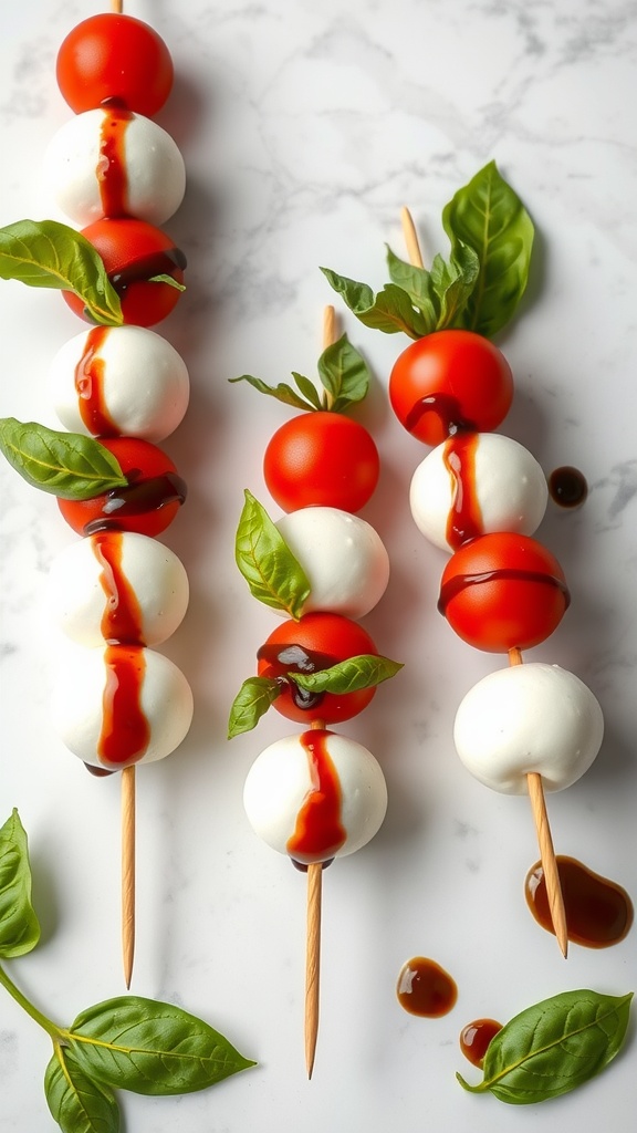 Caprese skewers with cherry tomatoes, mozzarella, and basil drizzled with balsamic glaze.