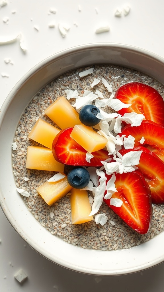 A bowl of chia seed pudding topped with fresh fruits and shredded coconut.