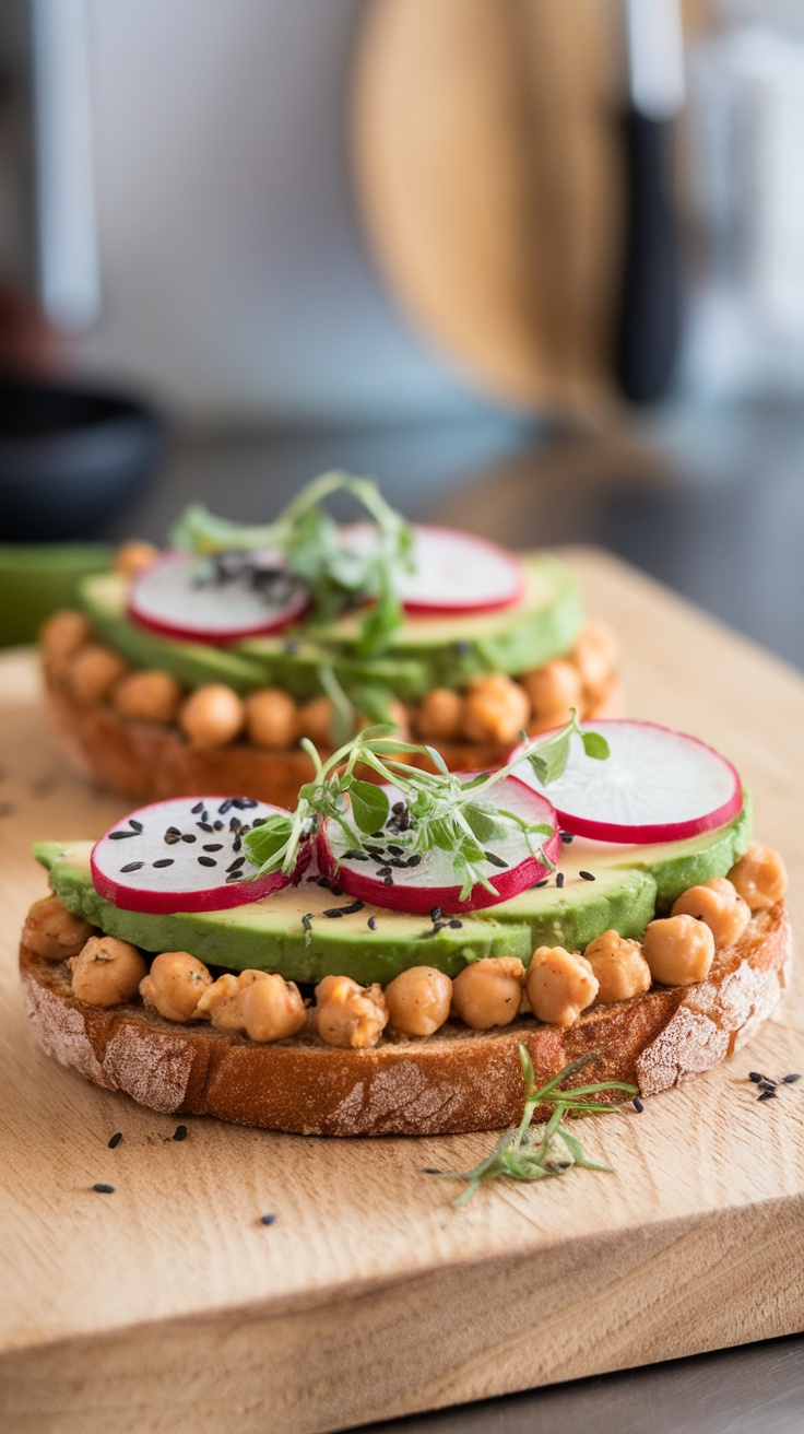 Chickpea and avocado toast topped with fresh vegetables and herbs