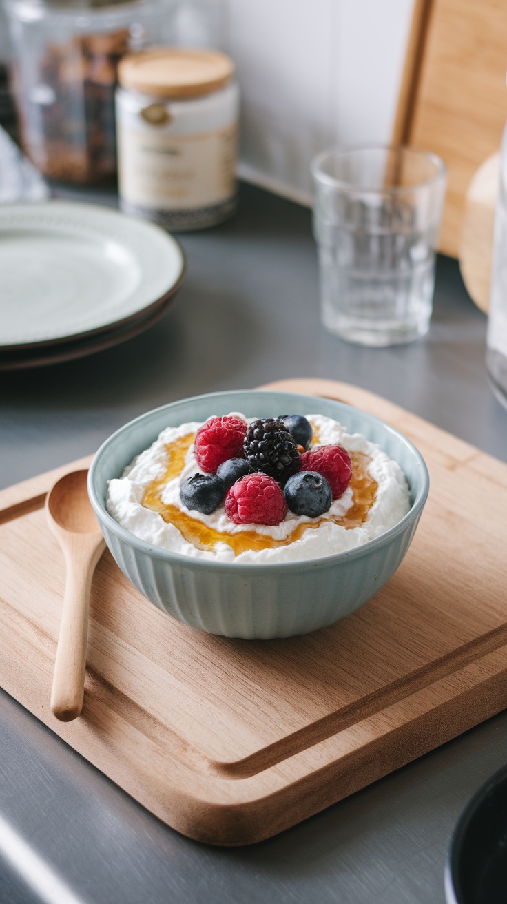 A bowl of cottage cheese topped with fresh berries and honey.