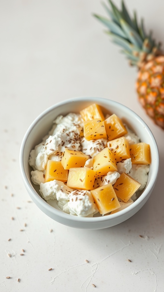 Bowl of cottage cheese topped with diced pineapple and flaxseeds