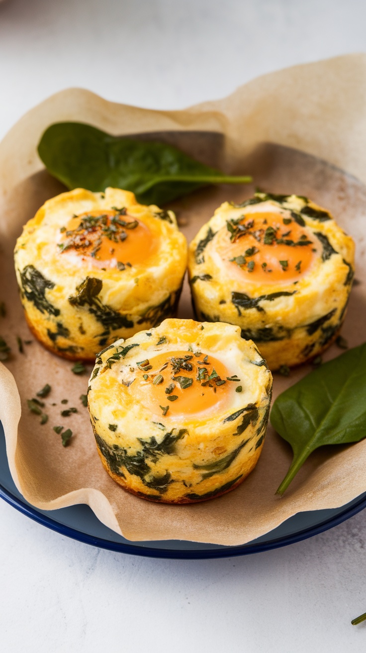 Egg muffins with spinach and cheese on a plate