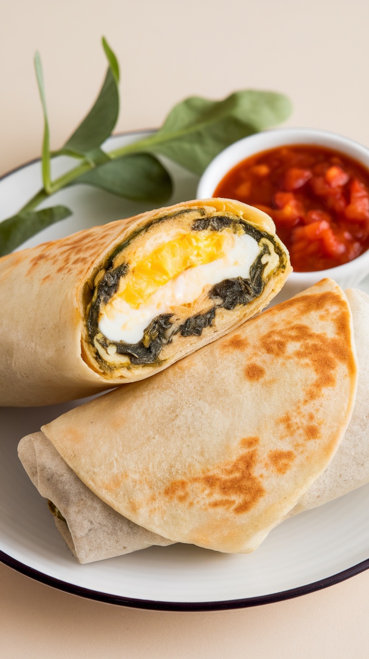 Egg white and spinach breakfast burrito served with salsa