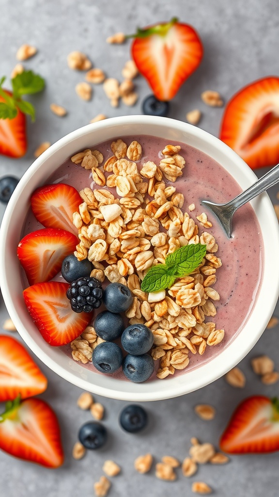 Fruit smoothie bowl topped with granola and fresh fruits