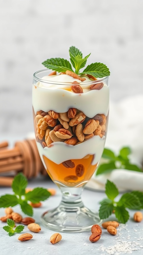 A delicious Greek yogurt parfait layered with honey, nuts, and fresh mint leaves.