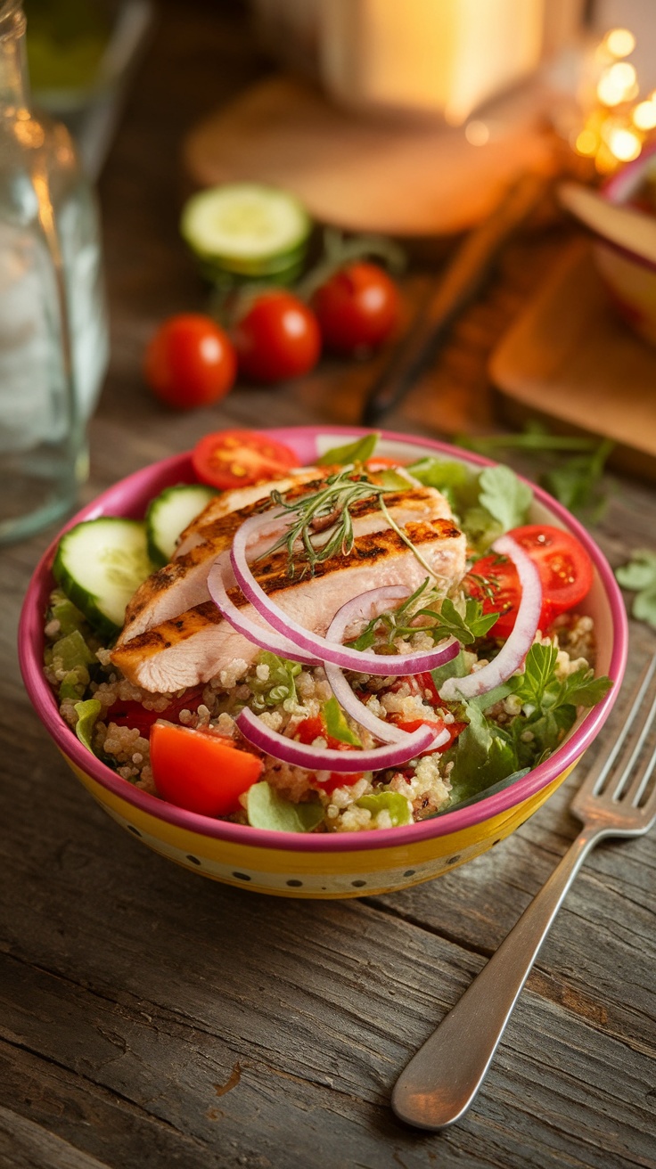 A bowl of grilled chicken and quinoa salad with fresh vegetables.