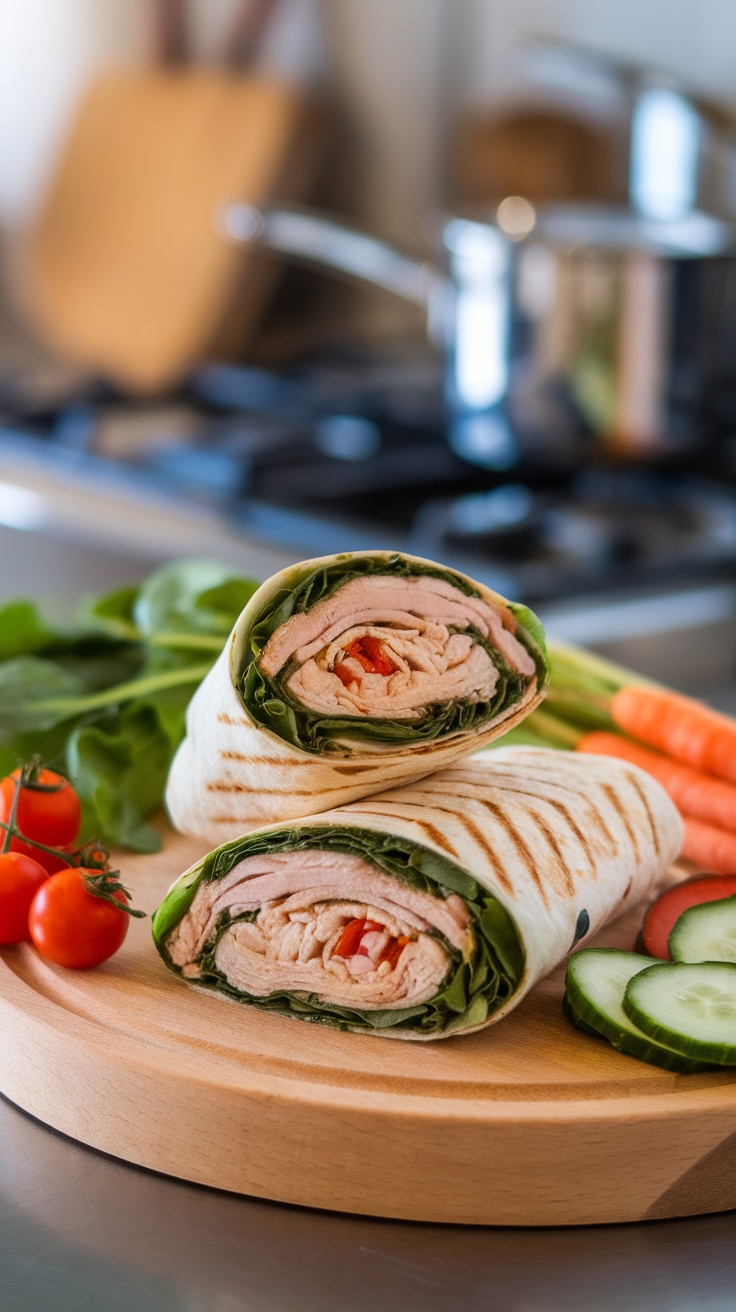 Grilled chicken wrap with spinach and hummus on a wooden cutting board