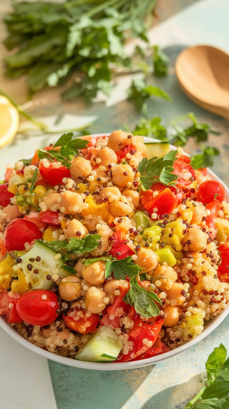 A colorful Chickpea and Quinoa Salad with cherry tomatoes, cucumber, bell peppers, and parsley, displayed in a bright bowl.