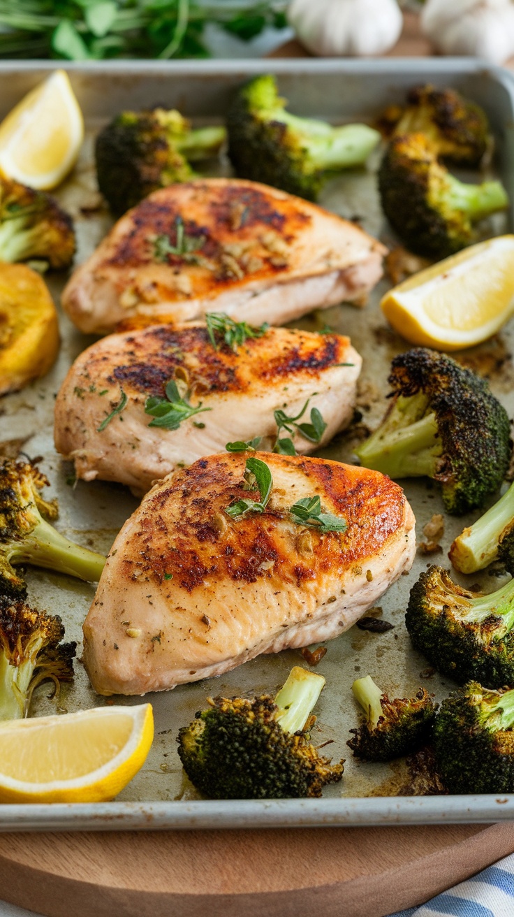 Sheet pan with cooked lemon garlic chicken breasts and broccoli garnished with lemon slices.