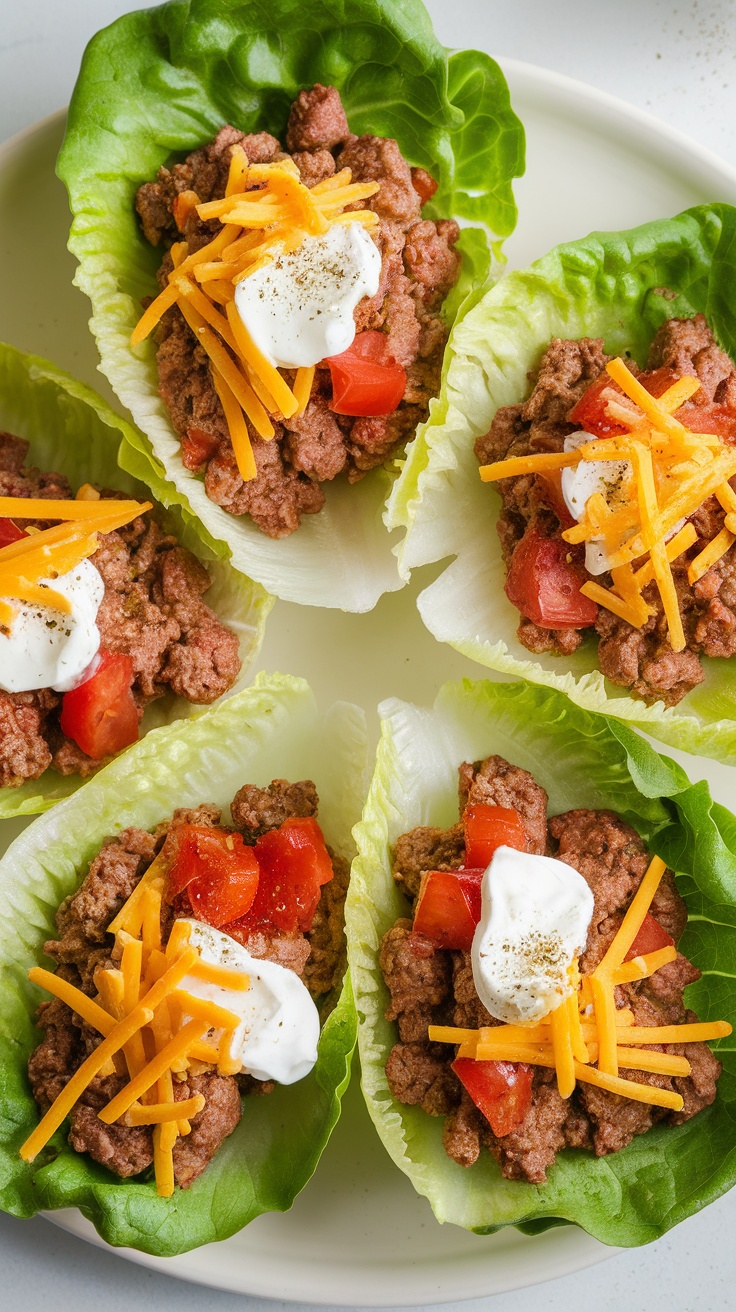 Keto Beef Taco Lettuce Wraps with ground beef, tomatoes, cheese, and sour cream