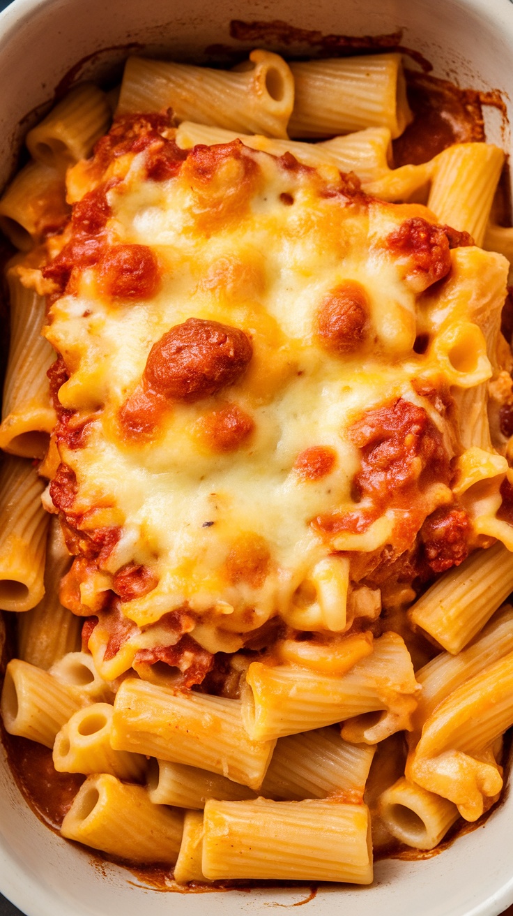 A delicious rigatoni pasta bake topped with melted cheese and tomato sauce.