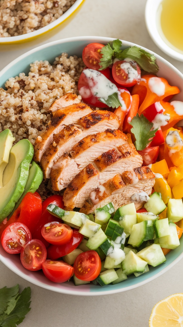 A colorful grilled chicken and quinoa bowl with vegetables.