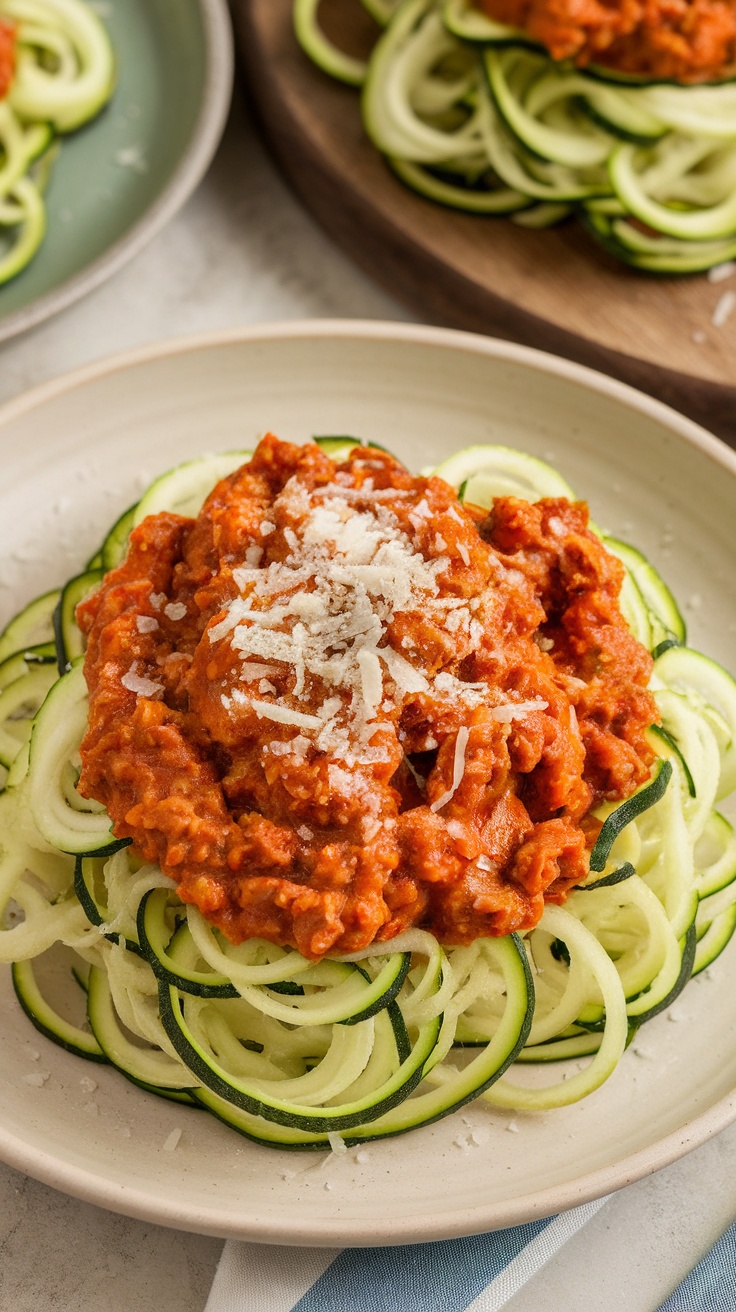 A plate of zucchini noodles topped with ground chicken bolognese sauce and shredded cheese.