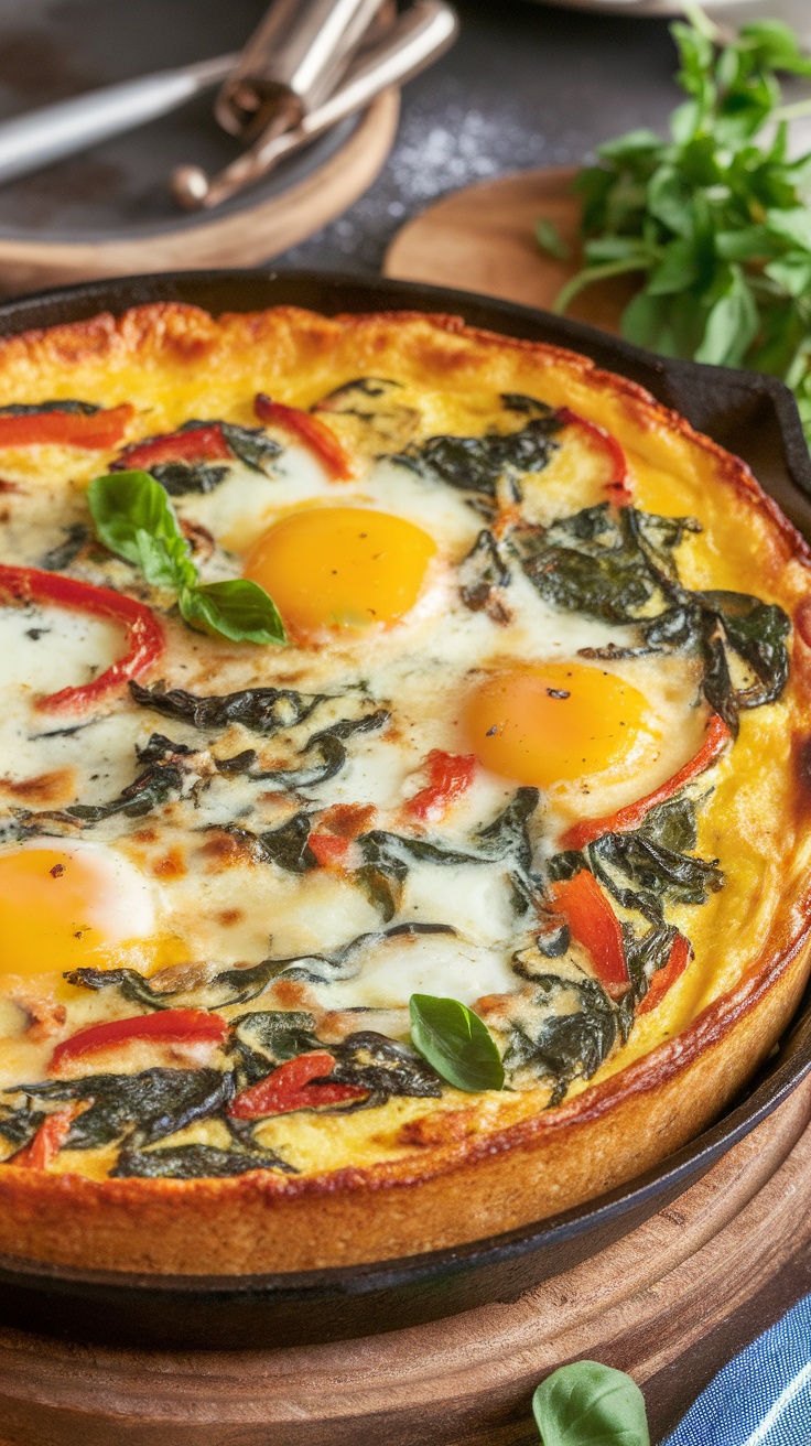 A delicious baked cottage cheese frittata with spinach and red peppers topped with egg yolks.