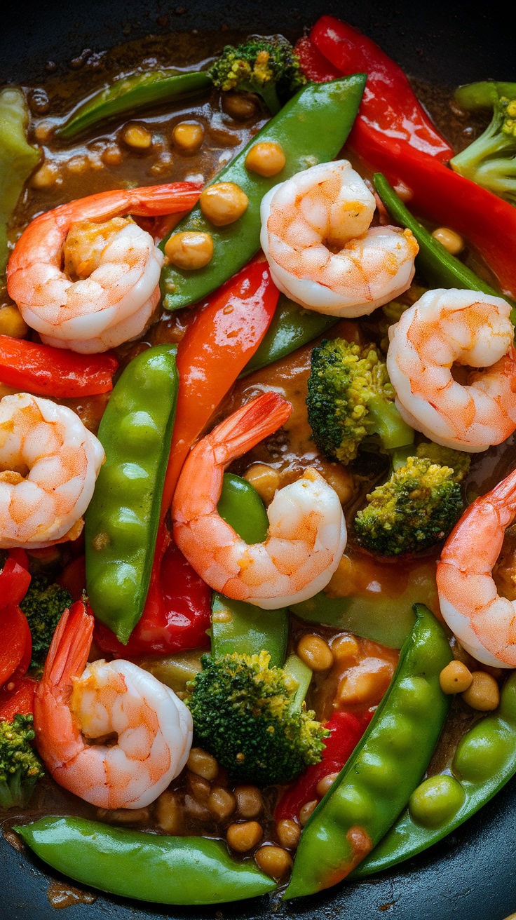 A colorful shrimp stir-fry with mixed vegetables