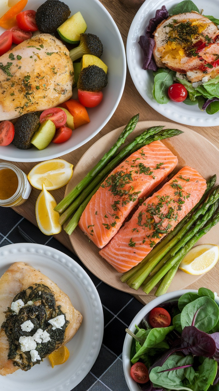 A spread of healthy keto dinner options including salmon, asparagus, and colorful vegetables.